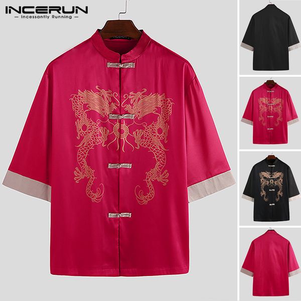 men chinese style shirts vintage printing tang suit man casual stand collar button half sleeve loose elegant blouse incerun, White;black
men chinese style shirts vintage printing tang suit man casual stand collar button half sleeve loose elegant blouse incerun, White;black