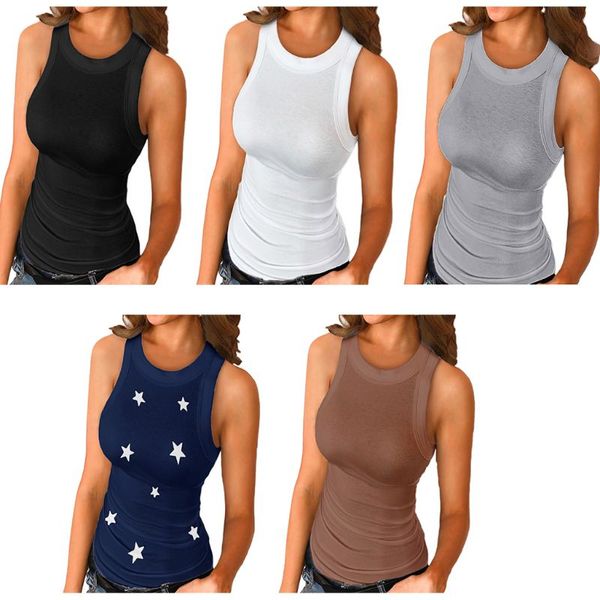 women summer sleeveless tank solid color basic slim cami shirt ribbed knit o-neck stretch casual racerback blouse, White
women summer sleeveless tank solid color basic slim cami shirt ribbed knit o-neck stretch casual racerback blouse, White