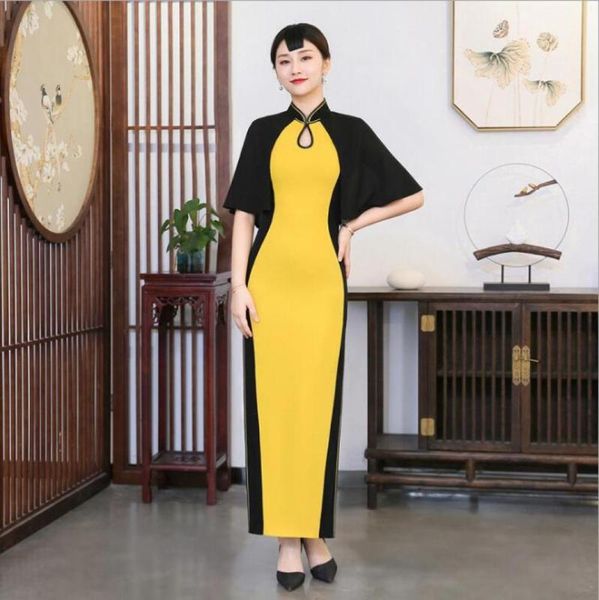 fashion black shawl sleeve stitching yellow long cheongsam dress chinese style hollow stand collar slim elegant qipao for women, Red
fashion black shawl sleeve stitching yellow long cheongsam dress chinese style hollow stand collar slim elegant qipao for women, Red