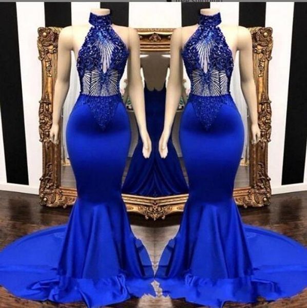 royal blue mermaid prom dresses illusion halter beading satin sweep train custom made evening party gowns formal occasion wear, Black
royal blue mermaid prom dresses illusion halter beading satin sweep train custom made evening party gowns formal occasion wear, Black