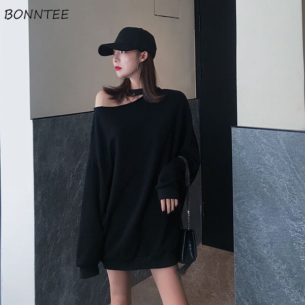 hoodies women solid all-match streetwear off shoulder elegant pullovers korean style trendy simple clothing womens oversize chic, Black 
hoodies women solid all-match streetwear off shoulder elegant pullovers korean style trendy simple clothing womens oversize chic, Black