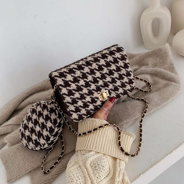 

2019 autumn winter houndstooth clamshell chain bag lady retro woolen handbags plaid shoulder messenger bag girls crossbody