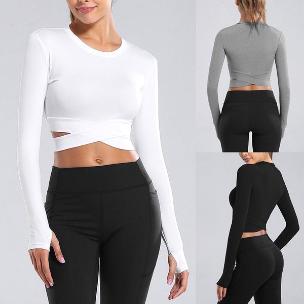 women gym crop long sleeve t-shirts women yoga sports shirt padded bra cross bandage fitness cropped active tee, White;red
women gym crop long sleeve t-shirts women yoga sports shirt padded bra cross bandage fitness cropped active tee, White;red