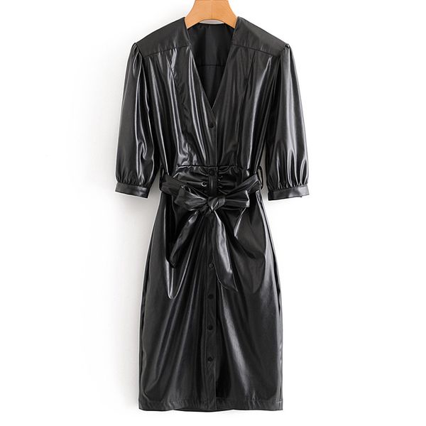 rr vintage slim v neck dresses women fashion solid pu leather dress women elegant tie belt waist long dresses female ladies fm, Black;gray 
rr vintage slim v neck dresses women fashion solid pu leather dress women elegant tie belt waist long dresses female ladies fm, Black;gray