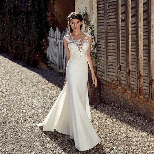 modest soft satin bateau neckline mermaid wedding dresses with lace appliques sheer bridal dress illusion back, White
modest soft satin bateau neckline mermaid wedding dresses with lace appliques sheer bridal dress illusion back, White