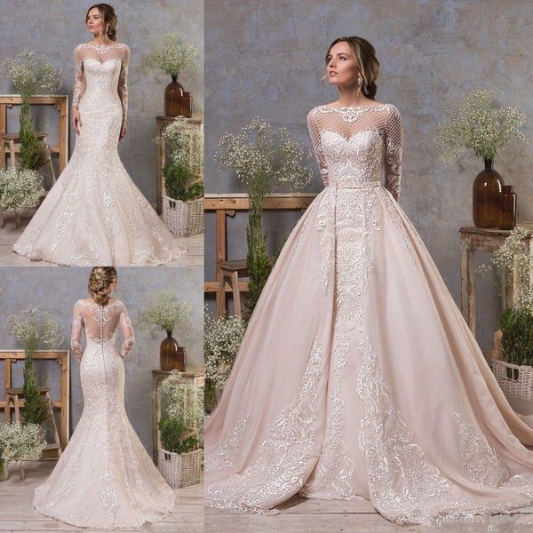 2020 gorgeous mermaid wedding dresses with detachable train jewel neck lace appliqued long sleeve bridal gowns custom beach wedding dress, White
2020 gorgeous mermaid wedding dresses with detachable train jewel neck lace appliqued long sleeve bridal gowns custom beach wedding dress, White