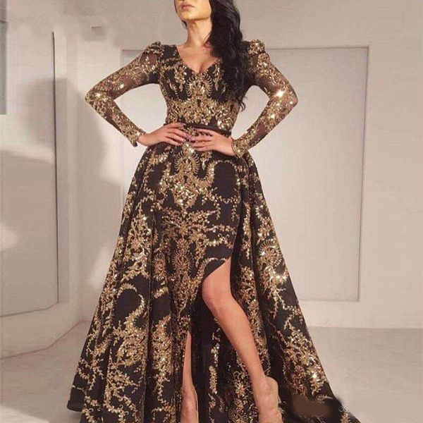 vintage glitz long sleeve evening dresses detachable train side split lace appliques sequined mermaid prom party dress women formal wear, Black;red
vintage glitz long sleeve evening dresses detachable train side split lace appliques sequined mermaid prom party dress women formal wear, Black;red