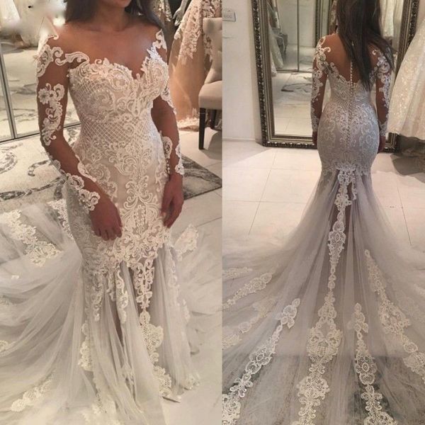 2019 shiny beaded mermaid wedding dresses with long sleeves sheer neckline fit and flare unique lace and tulle luxury bridal gowns, White
2019 shiny beaded mermaid wedding dresses with long sleeves sheer neckline fit and flare unique lace and tulle luxury bridal gowns, White