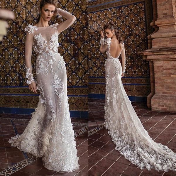 berta mermaid wedding dresses bateau neck lace appliques illusion backless bridal gowns court train long sleeve wedding dress, White
berta mermaid wedding dresses bateau neck lace appliques illusion backless bridal gowns court train long sleeve wedding dress, White