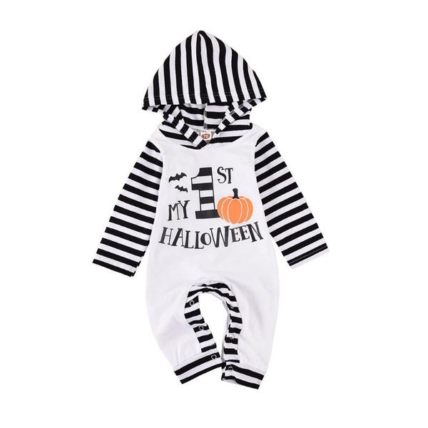 Newborn Baby Boys Girls Long Sleeve Clothes Halloween Pumpkin Letter Print Striped Hoodie Romper Jumpsuits 6 12 18 24 Months