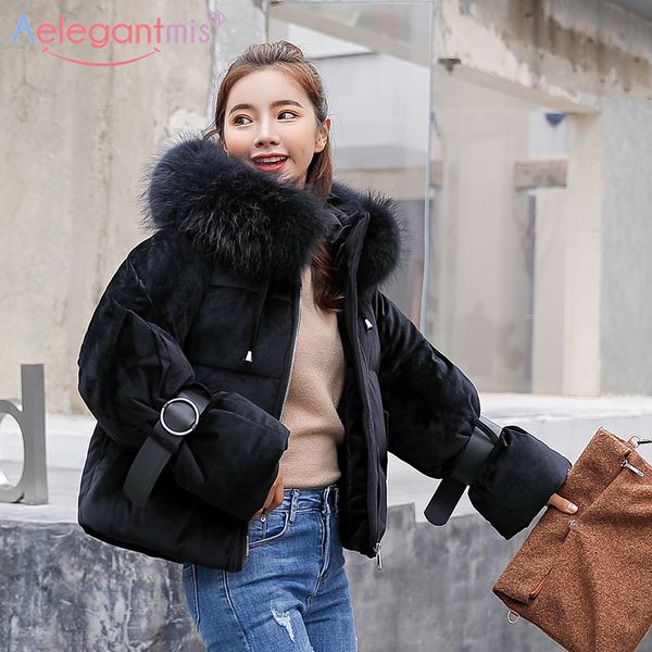 aelegantmis 2019 winter women cotton down velvet thicken warm padded coat women's fashion fur hooded velour short outerwear, Black
aelegantmis 2019 winter women cotton down velvet thicken warm padded coat women's fashion fur hooded velour short outerwear, Black