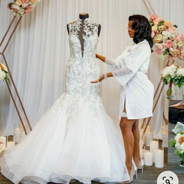 2020 lace mermaid wedding dresses high neck lace appliques beads bridal gowns sweep train wedding vestidos, White
2020 lace mermaid wedding dresses high neck lace appliques beads bridal gowns sweep train wedding vestidos, White