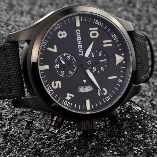 corgeut 46mm men watch black dial black pvd stainless steel case style full chronograph, Slivery;brown
corgeut 46mm men watch black dial black pvd stainless steel case style full chronograph, Slivery;brown