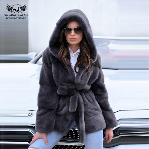 tatyana furclub 2019 new fashion dark grey mink coat with fur hood fur belt winter real coat women plus size slim style, Black 
tatyana furclub 2019 new fashion dark grey mink coat with fur hood fur belt winter real coat women plus size slim style, Black