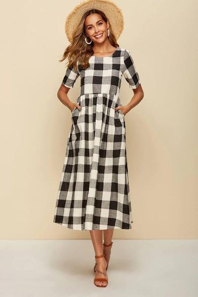brand new short sleeve plaid print a-line summer dress women elegant loose long dress sundress beach party femme vestidos, White;black
brand new short sleeve plaid print a-line summer dress women elegant loose long dress sundress beach party femme vestidos, White;black