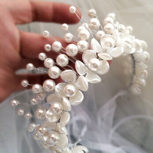 

luxury flowers bridal hair vine pearls bride wedding hair jewelry accessories headpiece women crowns pageant bibi mariage, Golden;white