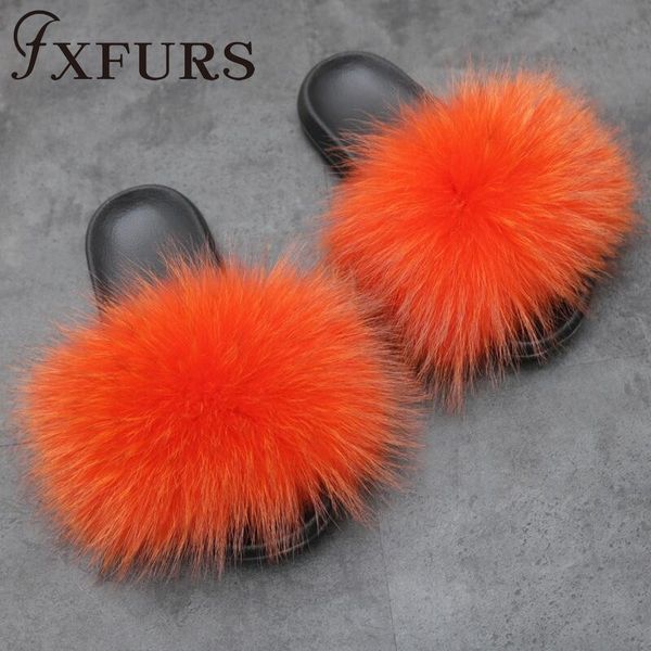 

2019 women's fur slipper real raccoon fur fashion style furry slides soft warm big fluffy shoes, Black