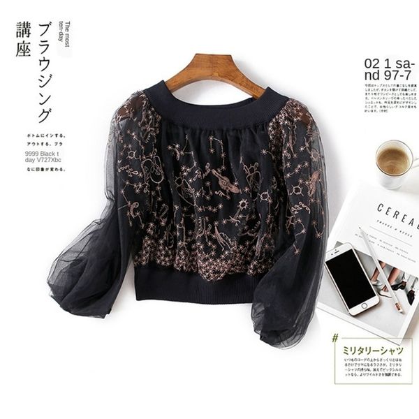 womens designer sweater lace mesh embroidered lantern sleeves + wrapped chest collar wild models, White;black
womens designer sweater lace mesh embroidered lantern sleeves + wrapped chest collar wild models, White;black