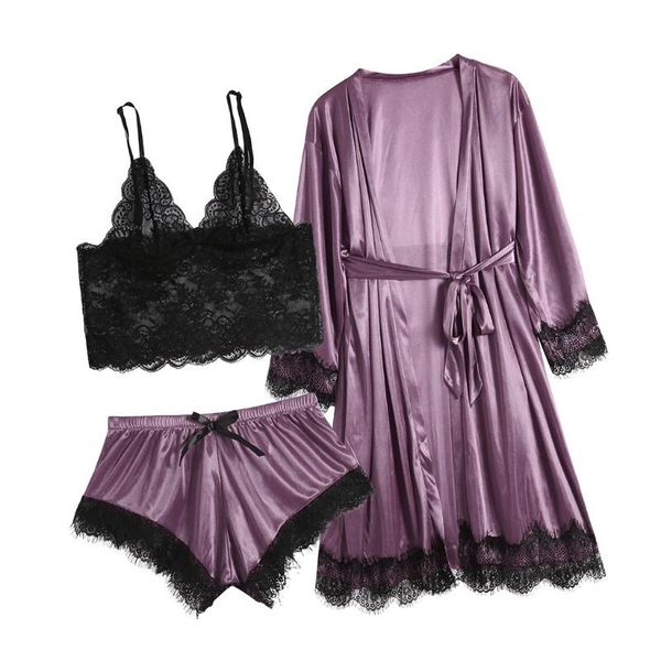 3pc summer bathrobe autumn women lace satin wireless bra camisole shorts pajamas sleepwear bow robe set ladies dressing gowns, Black;red
3pc summer bathrobe autumn women lace satin wireless bra camisole shorts pajamas sleepwear bow robe set ladies dressing gowns, Black;red