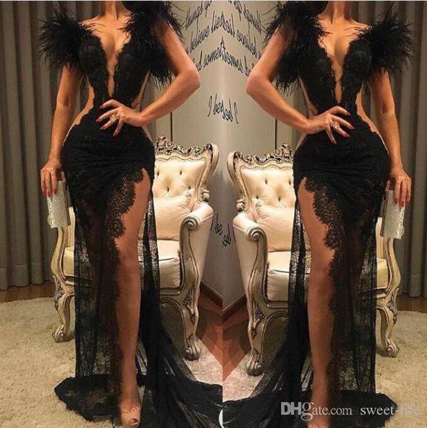 new fashion black lace sheath prom dresses high side split deep v neck see through formal party pageant wear feather evening dresses
new fashion black lace sheath prom dresses high side split deep v neck see through formal party pageant wear feather evening dresses