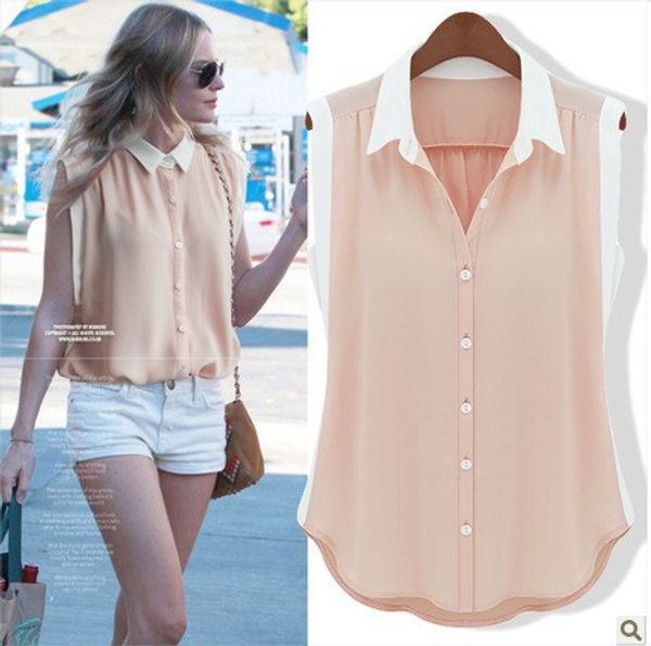 2015 свежий женский без рукавов цвет блока украшения шифоновые рубашки блузка женщины тонкий все-матч рубашка плюс размер s-xxl, White 
2015 свежий женский без рукавов цвет блока украшения шифоновые рубашки блузка женщины тонкий все-матч рубашка плюс размер s-xxl, White