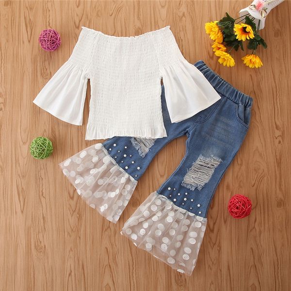 2pc autumn girls clothing kid outfits kids toddler baby girls mandarin sleeve +tulle ripped jeans bell-bottoms outfits, White
2pc autumn girls clothing kid outfits kids toddler baby girls mandarin sleeve +tulle ripped jeans bell-bottoms outfits, White