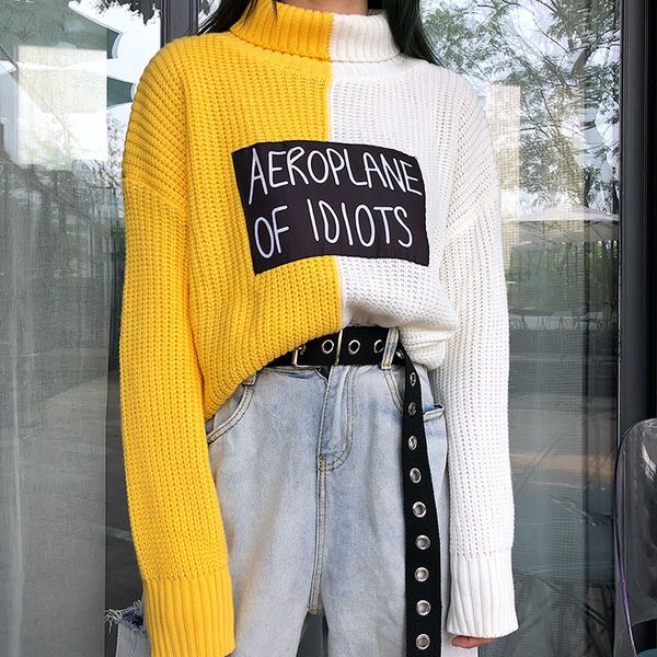 women's sweaters 2021 arrival harajuku casual women sweater letter print female pullovers turtleneck paneled patchwork jumper, White;black
women's sweaters 2021 arrival harajuku casual women sweater letter print female pullovers turtleneck paneled patchwork jumper, White;black