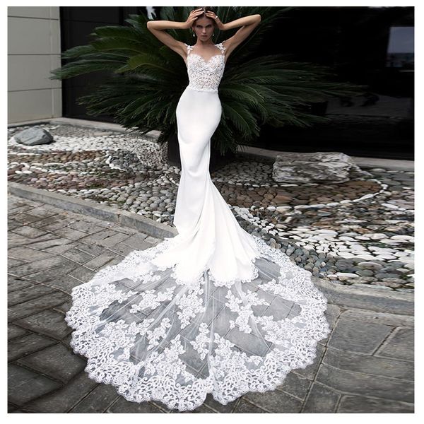 stunning mermaid lace backless wedding dresses sheer bateau neck sweep train appliqued bridal gowns trumpet plus size robe de mariée, White
stunning mermaid lace backless wedding dresses sheer bateau neck sweep train appliqued bridal gowns trumpet plus size robe de mariée, White