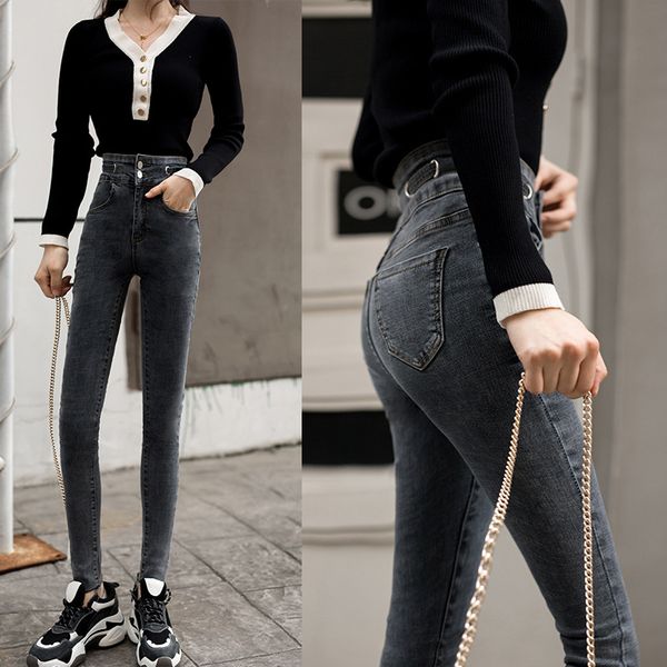 jeans women's high-waisted capri pants skinny pants retro bluish grey waist circular ring contrast color, Blue
jeans women's high-waisted capri pants skinny pants retro bluish grey waist circular ring contrast color, Blue