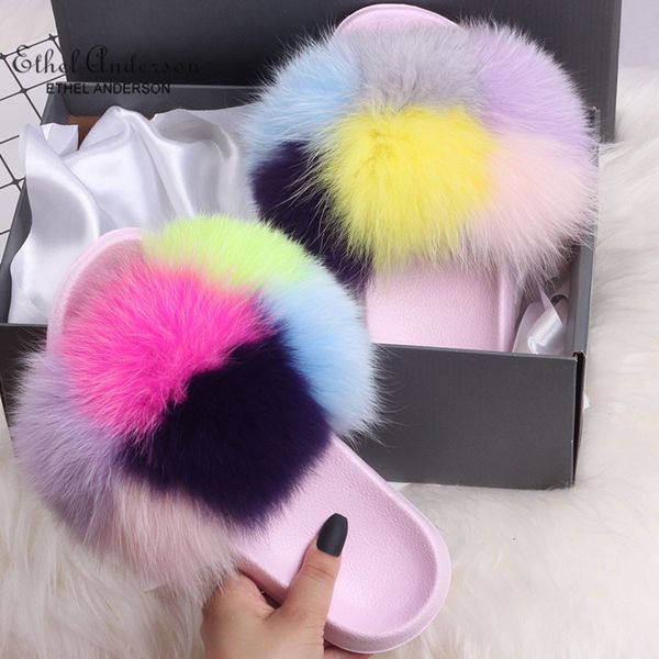 fur slippers women real fur slides furry female summer slippers shoes woman sandals flat, Black