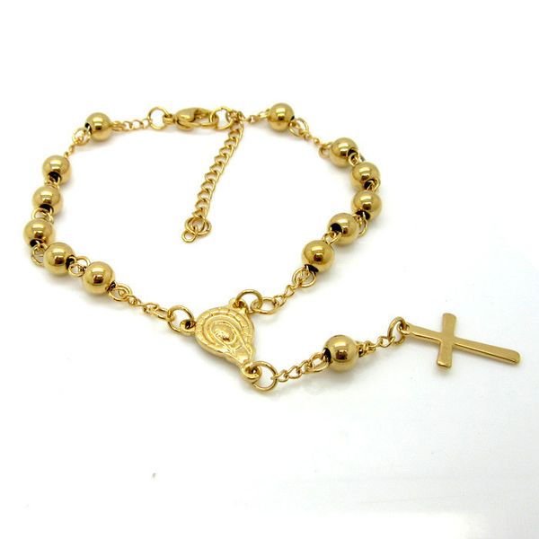 fashion length 185mm+40mm stainless steel bead women bracelet with cross pendant rosary charm bracelets for woman, Golden;silver 
fashion length 185mm+40mm stainless steel bead women bracelet with cross pendant rosary charm bracelets for woman, Golden;silver