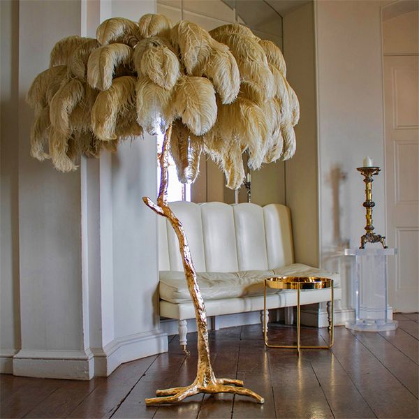 Nordic Copper Ostrich Feather Led Floor Light Hair Led Floor Lamp Bedroom Living Room L Through Lighting Stand Lamp Fixtures