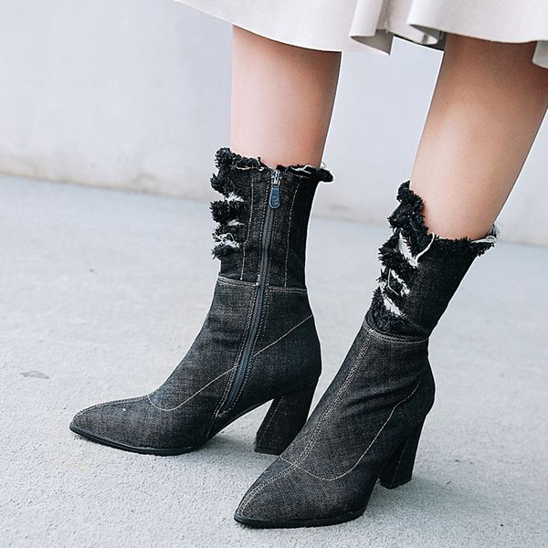 sarairis quality streth denim boots women square high heels broken hole boots zipper girls woman shoes women 43, Black
sarairis quality streth denim boots women square high heels broken hole boots zipper girls woman shoes women 43, Black