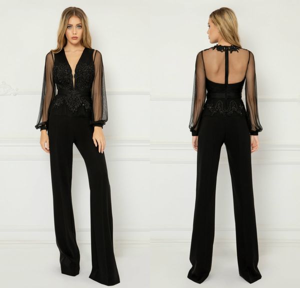black jumpsuits prom dresses v neck long sleeve celebrity party gowns lace appliqued beaded costume formal evening dress
black jumpsuits prom dresses v neck long sleeve celebrity party gowns lace appliqued beaded costume formal evening dress