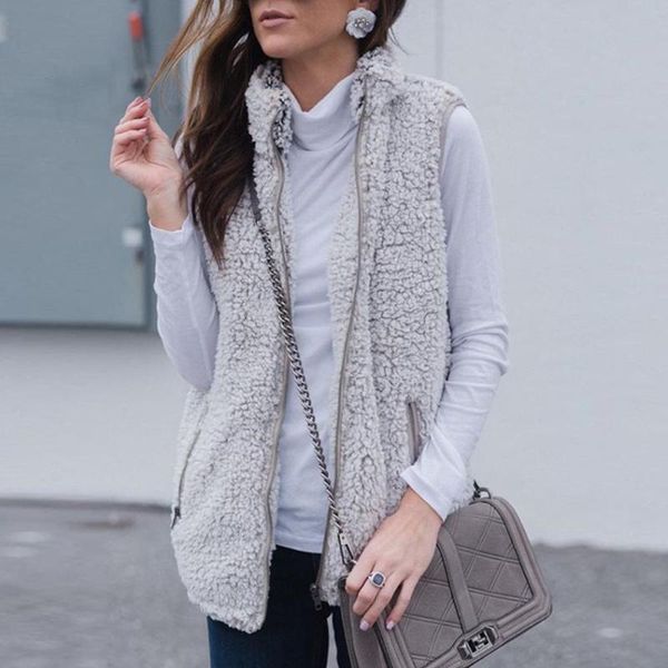 women fleece vest stand collar warm zip up faux fur solid color soft waistcoat with pockets, Black;white
women fleece vest stand collar warm zip up faux fur solid color soft waistcoat with pockets, Black;white