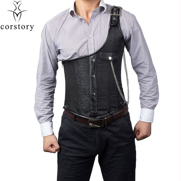 corstory vintage men slimming clothing black dobby brocade steel boned corset vest one shoulder steampunk underbust bustier, Black;white
corstory vintage men slimming clothing black dobby brocade steel boned corset vest one shoulder steampunk underbust bustier, Black;white