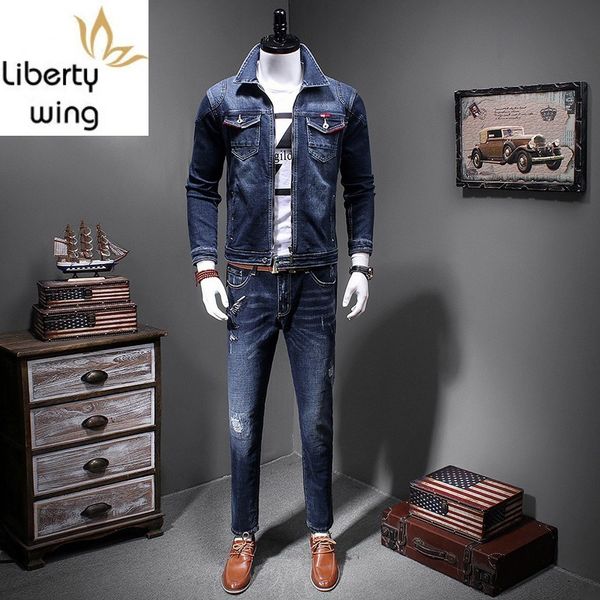 two pieces sets korean style casual slim fit zipper mens denim jacket full length bird embroidery frayed straight pants, Gray
two pieces sets korean style casual slim fit zipper mens denim jacket full length bird embroidery frayed straight pants, Gray