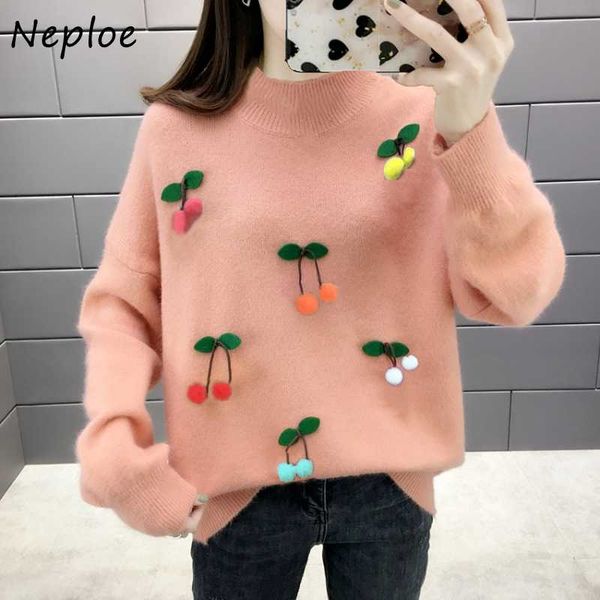 women's sweaters neploe fashion cherry decoration sweater half turtleneck long sleeve knitting pullover women 2021 autumn winter all ma, White;black
women's sweaters neploe fashion cherry decoration sweater half turtleneck long sleeve knitting pullover women 2021 autumn winter all ma, White;black