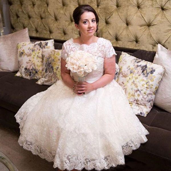 vintage short plus size wedding dress with sash waistband cap sleeve full lace a line tea length bridal gowns romantic new, White
vintage short plus size wedding dress with sash waistband cap sleeve full lace a line tea length bridal gowns romantic new, White