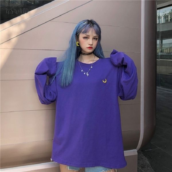 harajuku girls style purple long sleeved tee moon embroidery loose spring round collar t shirts women, White
harajuku girls style purple long sleeved tee moon embroidery loose spring round collar t shirts women, White