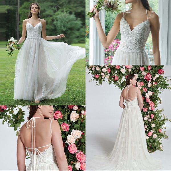 beach a line wedding dress summer bride dresses v neck spaghetti strap tulle appliques lace sleeveless boho wedding gowns, White
beach a line wedding dress summer bride dresses v neck spaghetti strap tulle appliques lace sleeveless boho wedding gowns, White
