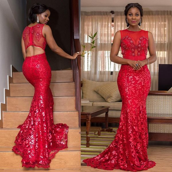 red lace appliques mermaid prom dresses 2020 sparkly shiny jewel neck cut back full length african occasion evening dress, Black
red lace appliques mermaid prom dresses 2020 sparkly shiny jewel neck cut back full length african occasion evening dress, Black