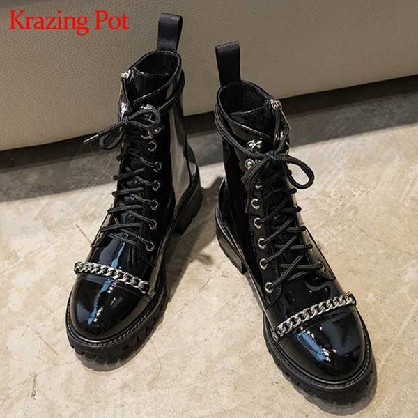 krazing pot new online star microfiber patent leather cross-tied med heels metal chains-studded motorcycle boots ankle boots l78, Black
krazing pot new online star microfiber patent leather cross-tied med heels metal chains-studded motorcycle boots ankle boots l78, Black