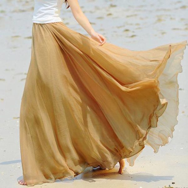 

women elastic high waist skirt chiffon long maxi beach skirt ladies skirts falda de playa clothes vestido falda corta *, Black