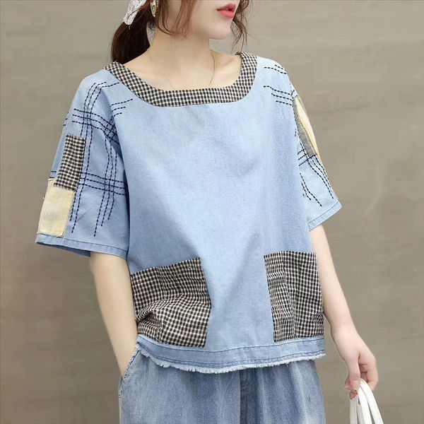 c embroidery fabric cloth cotton cloth plaid large pocket washed loose women denim cotton short-sleeved t-shirt women's wear, White
c embroidery fabric cloth cotton cloth plaid large pocket washed loose women denim cotton short-sleeved t-shirt women's wear, White