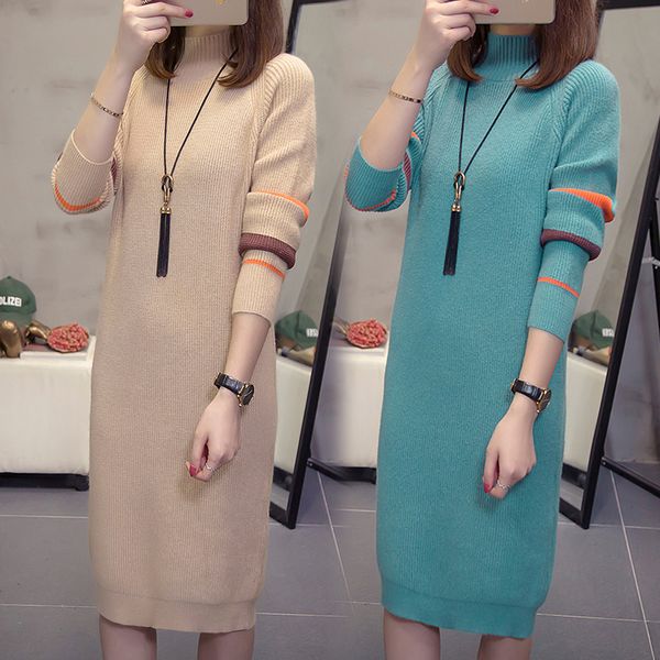 2019 korean version of the new knit sweater fashion casual loose large size long sweater dress khaki black white blue clothing, White;black
2019 korean version of the new knit sweater fashion casual loose large size long sweater dress khaki black white blue clothing, White;black