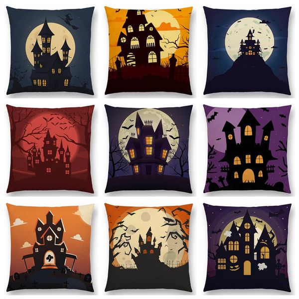 happy halloween scary night haunted house vampire castle moon bat pumpkin dark tree cushion cover sofa throw nice pillow case