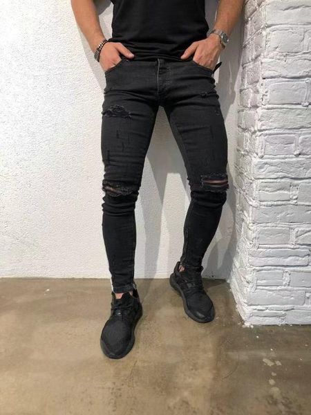 jeans slim fit ripped clothing fashion high street white striped designer black jeans mens knee holes, Blue
jeans slim fit ripped clothing fashion high street white striped designer black jeans mens knee holes, Blue