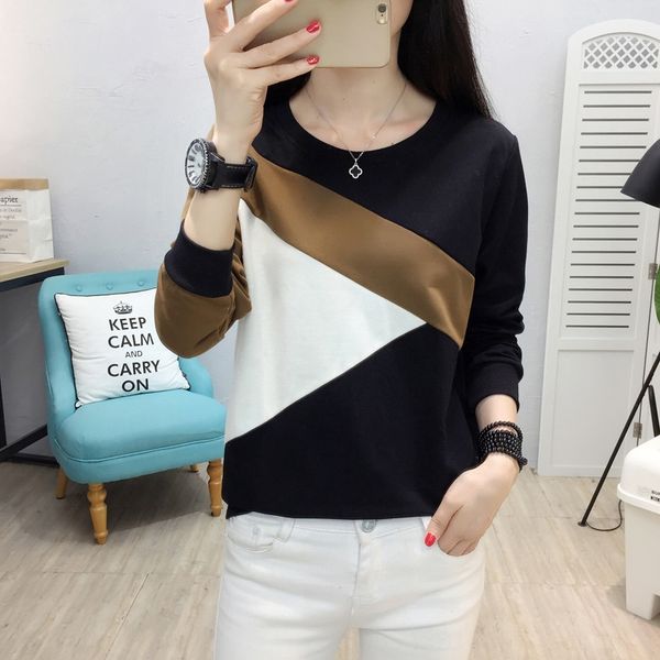 early autumn women's large dress dress size round collar t-shirt stitching contrast color all-match top, White
early autumn women's large dress dress size round collar t-shirt stitching contrast color all-match top, White