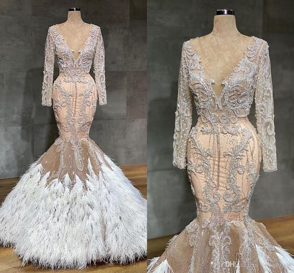 arabic champagne mermaid wedding dresses with feathers see through lace appliqued crystal beaded plus size bridal gown, White
arabic champagne mermaid wedding dresses with feathers see through lace appliqued crystal beaded plus size bridal gown, White